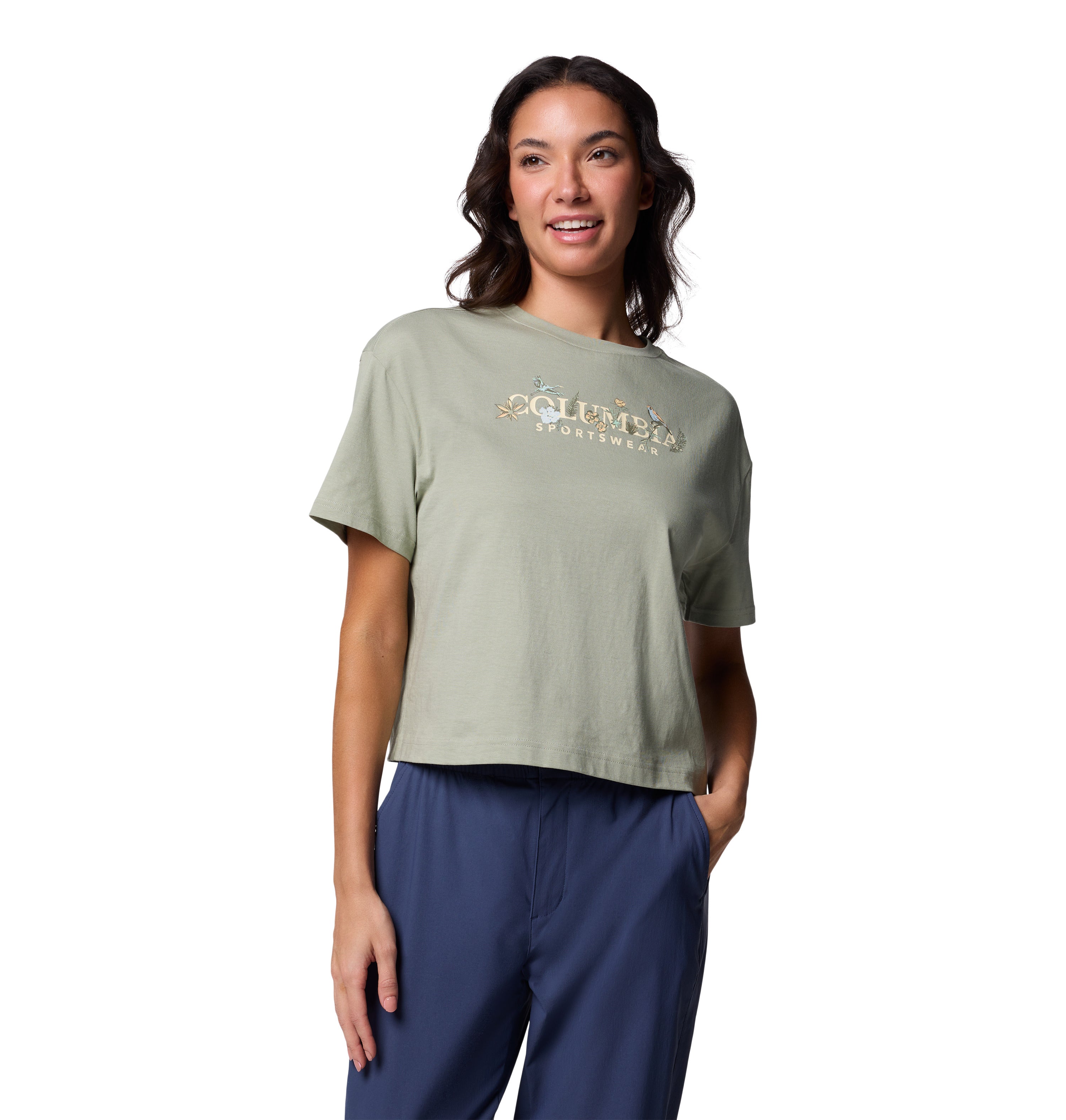 Playera de manga corta para mujer Columbia Rolling Bend Graphic Relaxed Crop
